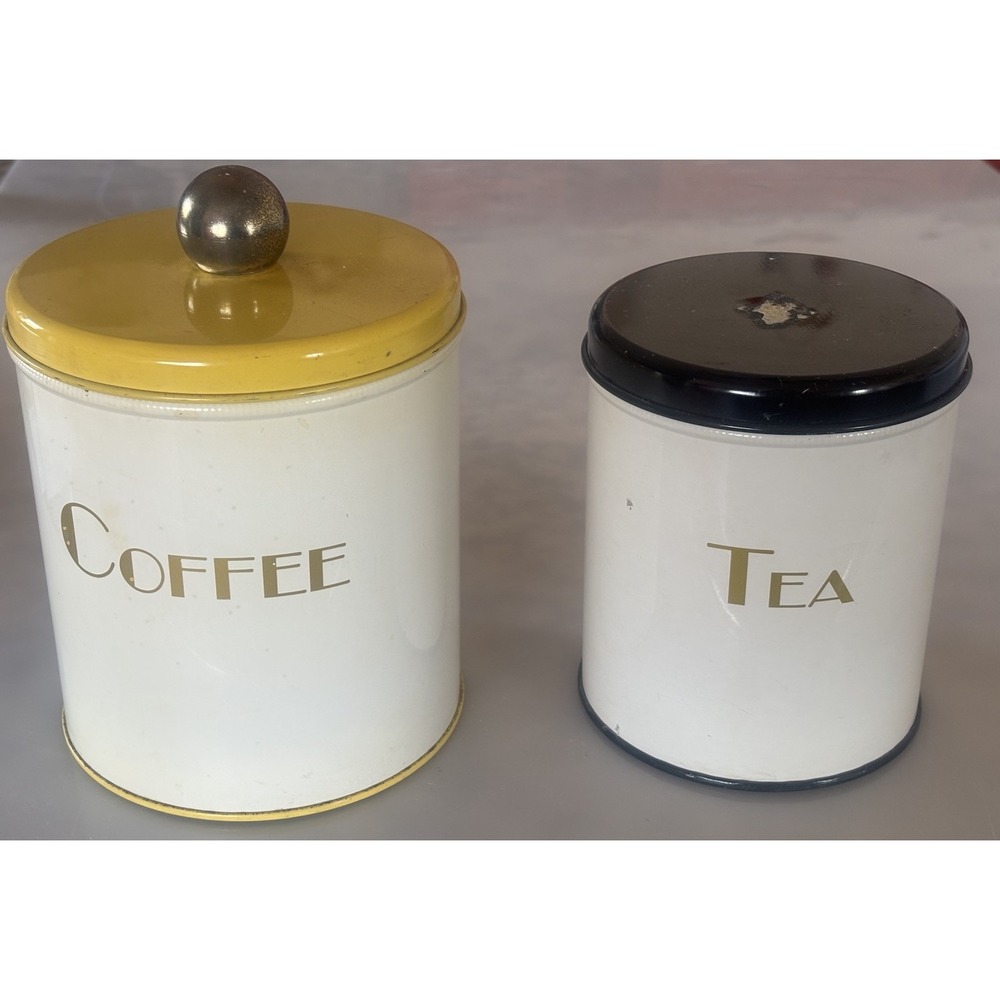 Vintage 2 Piece Metal Canister Set MCM Decoware Coffee Tea Kitchen Art Deco Ware